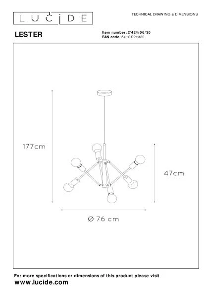 Lucide LESTER - Hanglamp - 6xE27 - Zwart - technisch